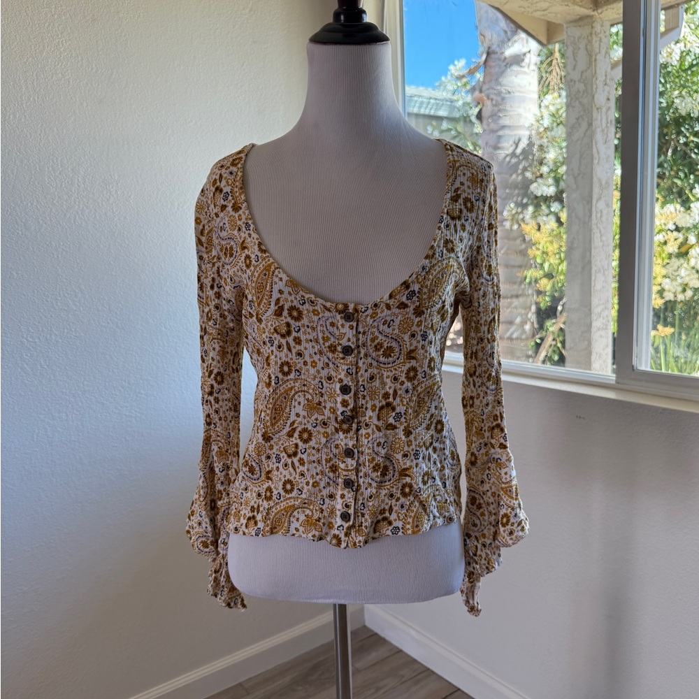 Shyanne Paisley Button-Down Blouse - Cream and Brown